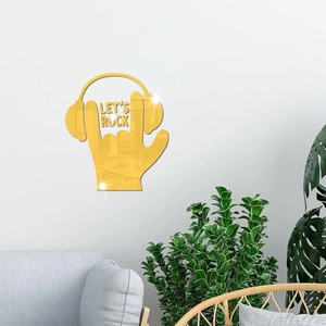 Golden acrylic mirror wall sticker with headphone design and Let's Rock text for bedroom decoration