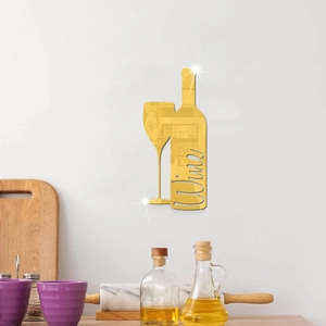 Golden mirror acrylic wall sticker featuring a wine bottle and glass design for kitchen decor