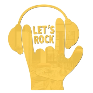 Close-up of golden acrylic mirror wall sticker with headphones and Let's Rock text design