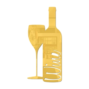 Detail view of golden mirror acrylic wall sticker featuring wine bottle and glass silhouette