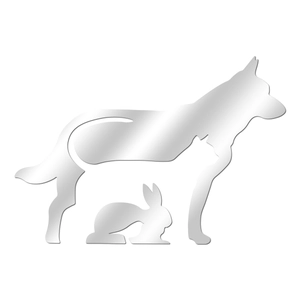 Macro detail of silver acrylic mirror wall decal with cat, dog and rabbit animal silhouette