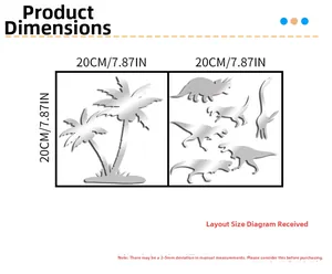 Detailed dimension layout of dinosaur and palm tree acrylic mirror wall stickers
