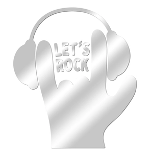 Detail view of Let's Rock silver mirror wall sticker with headphone and hand gesture design