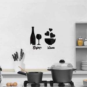 Black acrylic 3D mirror wall stickers with wine glass heart design for home kitchen decor