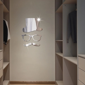 Modern 3D acrylic mirror wall sticker featuring hat glasses and mustache design