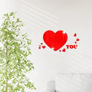 Detailed view of red acrylic 3D heart mirror wall stickers with I love you text