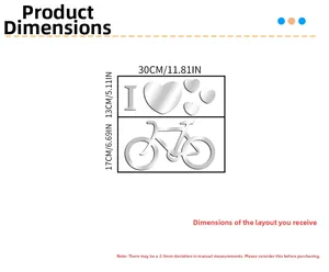 Size chart for heart bicycle acrylic mirror wall sticker showing dimensions 30x30cm