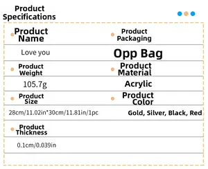 Detailed chart of mirror acrylic heart wall decor with size, weight, and material specs