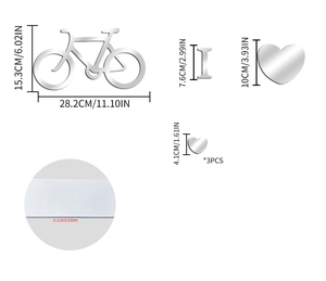 Detailed size specifications for silver acrylic bicycle and heart mirror wall stickers