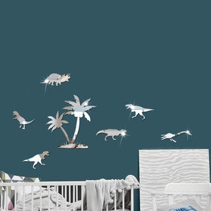 3D acrylic mirror dinosaur wall decals for kids bedroom featuring t-rex and palm trees