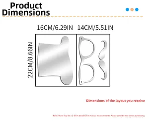 Size chart showing dimensions for acrylic mirror hat, glasses, and beard wall stickers