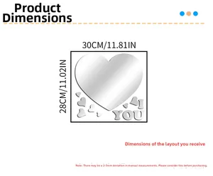 Detailed size chart showing dimensions for heart acrylic mirror wall stickers