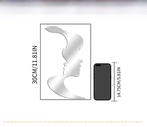 Mirror wall stickers with face silhouettes showing 30cm size compared to a smartphone