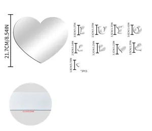 Size chart detail of 3D mirror heart wall stickers with acrylic letter dimensions