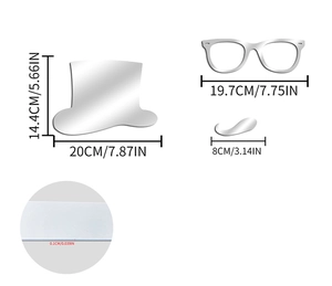 Detailed dimensions of silver acrylic mirror wall stickers featuring hat, glasses, and beard