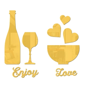 Macro shot of gold acrylic mirror wall stickers featuring wine bottles and love letters
