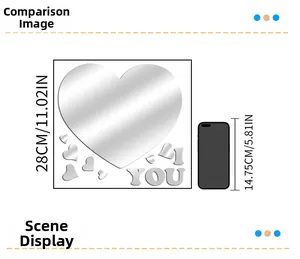 Mirror heart wall sticker size comparison 28cm acrylic decor next to mobile phone