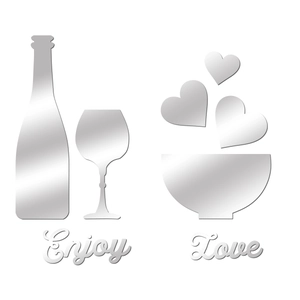 Detailed silver acrylic mirror wall decals featuring wine bottle and hearts decor