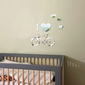 3D acrylic mirror wall stickers featuring bicycle and hearts for modern room decor