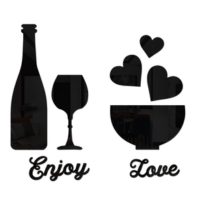 Black acrylic wine bottle and heart mirror wall decals with Enjoy and Love text