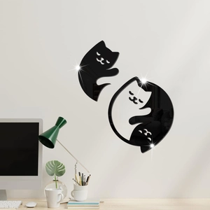 Detail of high-gloss 3D acrylic cat wall decals showing mirror finish on a living room wall