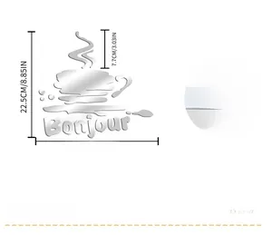 Dimensions détaillées du sticker miroir 3D tasse à café avec lettrage Bonjour