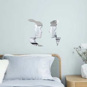 Detailed view of silver acrylic mirror wall stickers with male and female face silhouettes