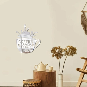 Silberner Acryl-Wandtattoo-Kaffebecher mit Spruch Coffee Is Always A Good Idea im Detail