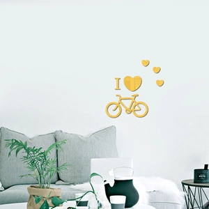 Golden acrylic mirror wall stickers with I love bicycle heart design for home decor