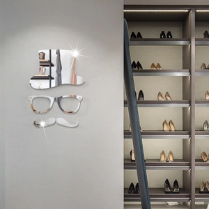 Macro detail of acrylic mirror wall stickers featuring gentleman hat, glasses and mustache