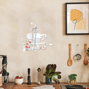 Sticker mural miroir en acrylique avec motif tasse et texte Bonjour pour la cuisine