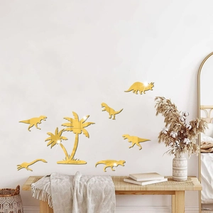 Golden acrylic dinosaur mirror wall stickers featuring palm trees for a cozy kids room decor