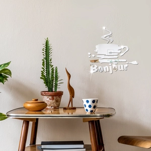 Détail du sticker mural miroir 3D en acrylique argenté avec tasse à café et texte Bonjour