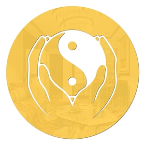 Detail of golden acrylic Tai Chi mirror wall sticker featuring hands holding Yin Yang symbol