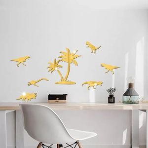 Detailed view of golden mirror acrylic dinosaur and palm tree wall stickers for kids rooms