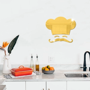Golden chef hat and mustache mirror wall decals for kitchen and dining room decor