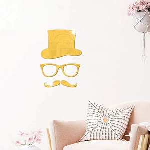 Creative gold mirror wall stickers set with hat, glasses, and mustache for home decor