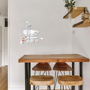 Détail du sticker mural miroir 3D en acrylique avec texte Bonjour et tasse à café