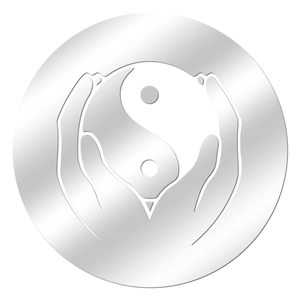 Detailed macro view of acrylic Tai Chi mirror wall sticker with silver metallic finish