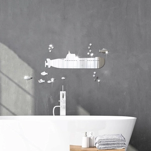 Submarine and fish mirror wall stickers set on a grey bathroom wall with bathtub