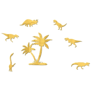 Macro detail of gold dinosaur and palm tree mirror acrylic wall stickers for kid rooms