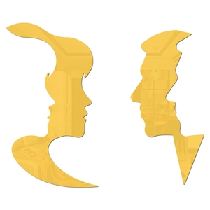 Macro shot of 3D acrylic mirror wall stickers with golden creative face silhouettes