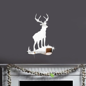 Detail view of reflective 3D deer mirror wall sticker on a dark grey living room wall