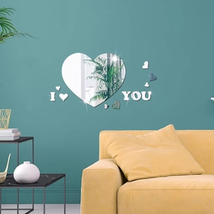 3D acrylic mirror heart wall stickers with I Love You lettering for modern home decor