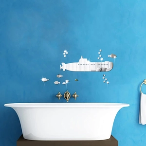 Submarine and fish acrylic mirror wall stickers applied on dark blue bathroom tiles