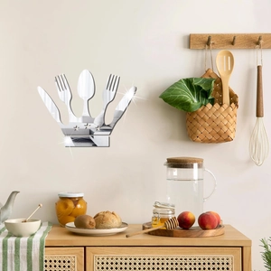 3D acrylic mirror wall stickers featuring cutlery design and crown for kitchen decor