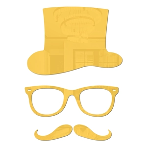 Macro detail of gold acrylic mirror wall stickers featuring hat, glasses and mustache