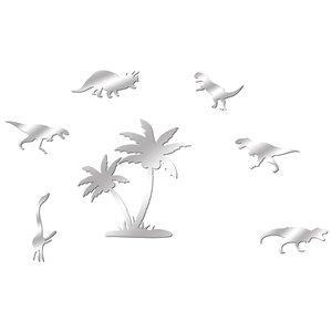 Detail of silver acrylic mirror wall stickers with dinosaur and palm tree patterns