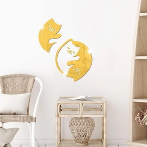 Golden acrylic cat mirror wall stickers set for bedroom and living room decor