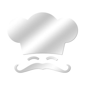 Detail of silver mirror acrylic kitchen chef wall decal with hat and mustache